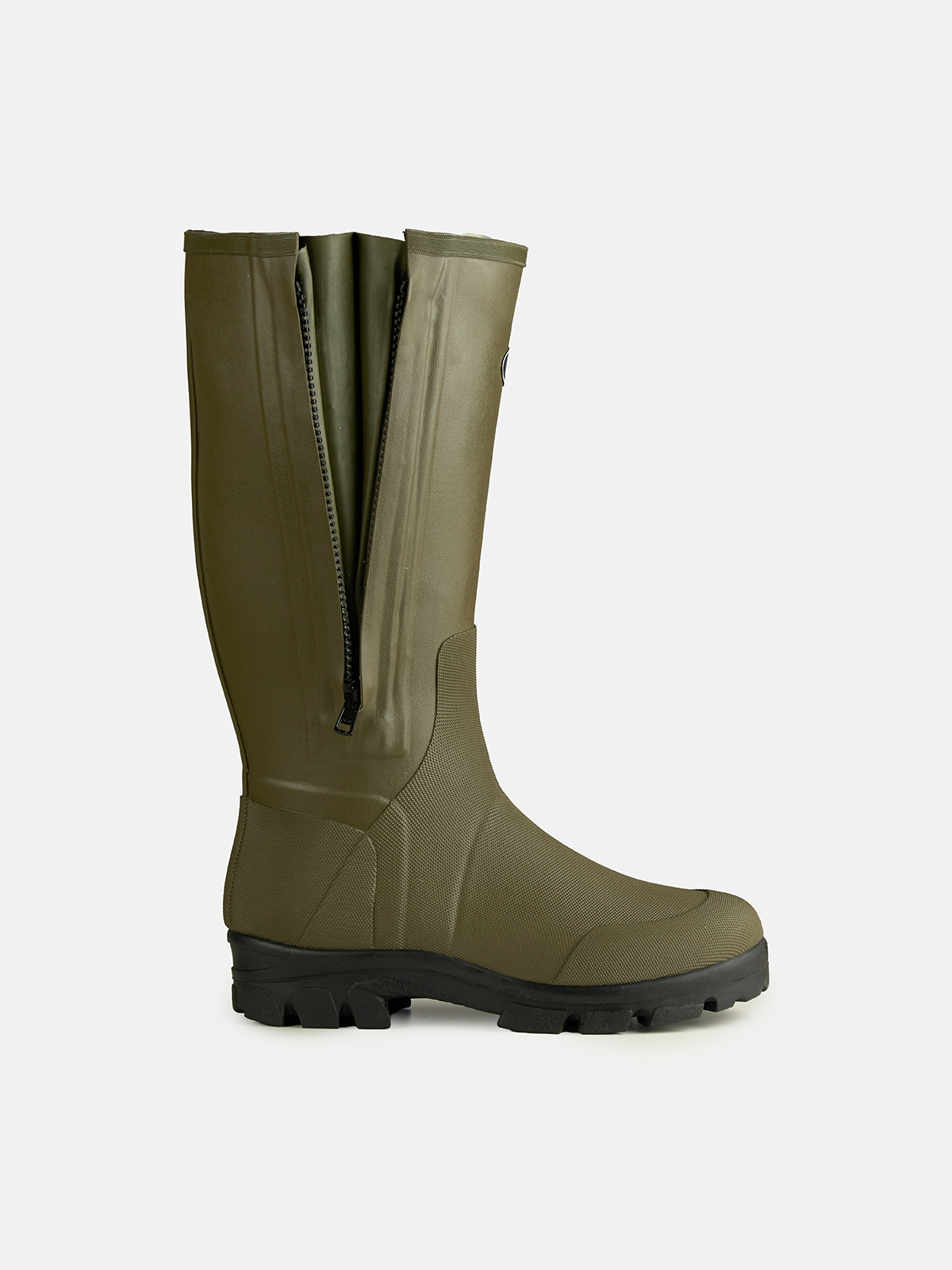 Fortis Elements Field Wellies unzipped showing side gusset and YKK zip